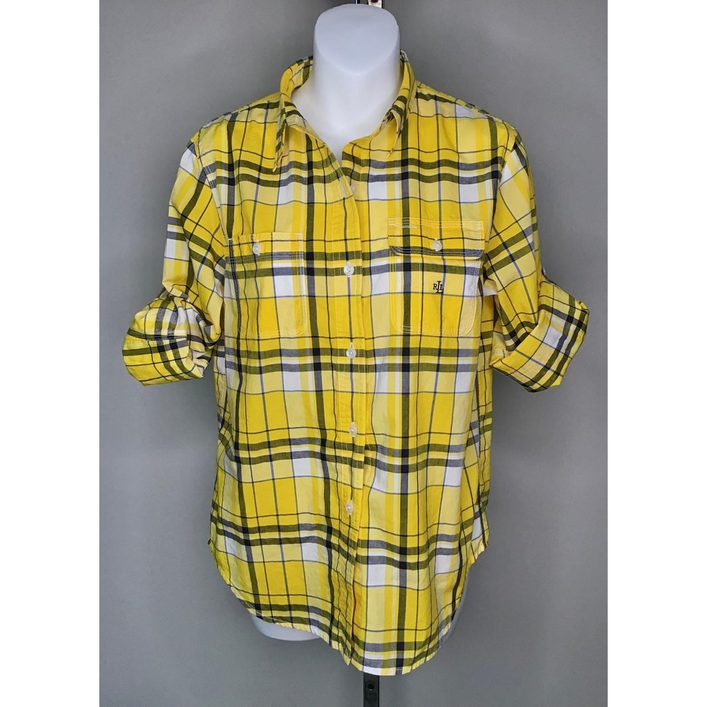 Lauren Ralph Lauren Petite Mā Yellow Plaid Roll Tab Button Up Shirt 100% Cotton